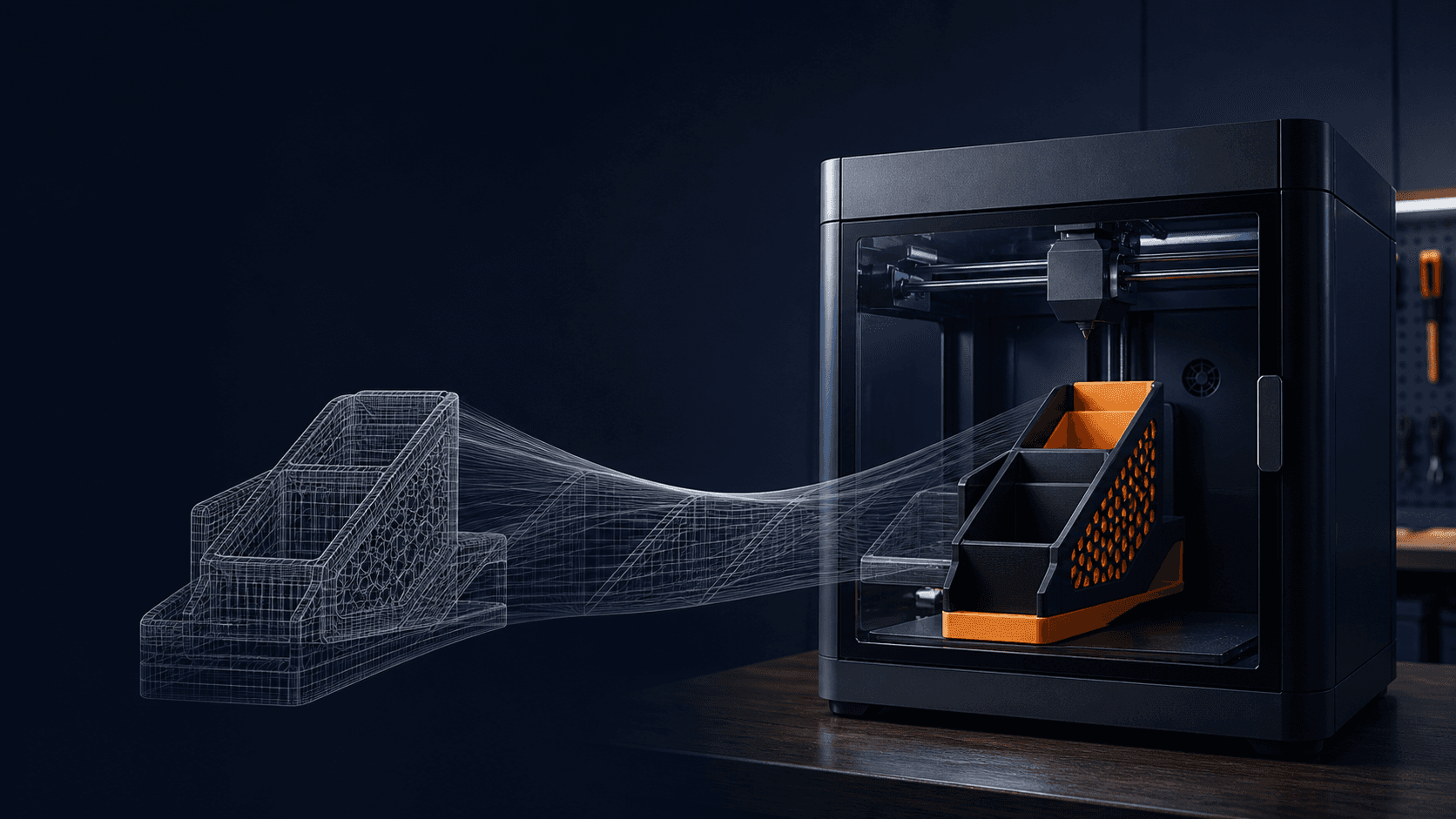 Concept illustration of a digital product file routed into repeat 3D printing production